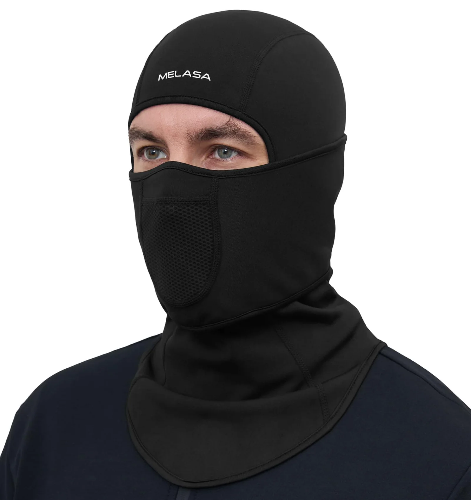 A black MELASA thermal fleece balaclava covering the head, face and neck