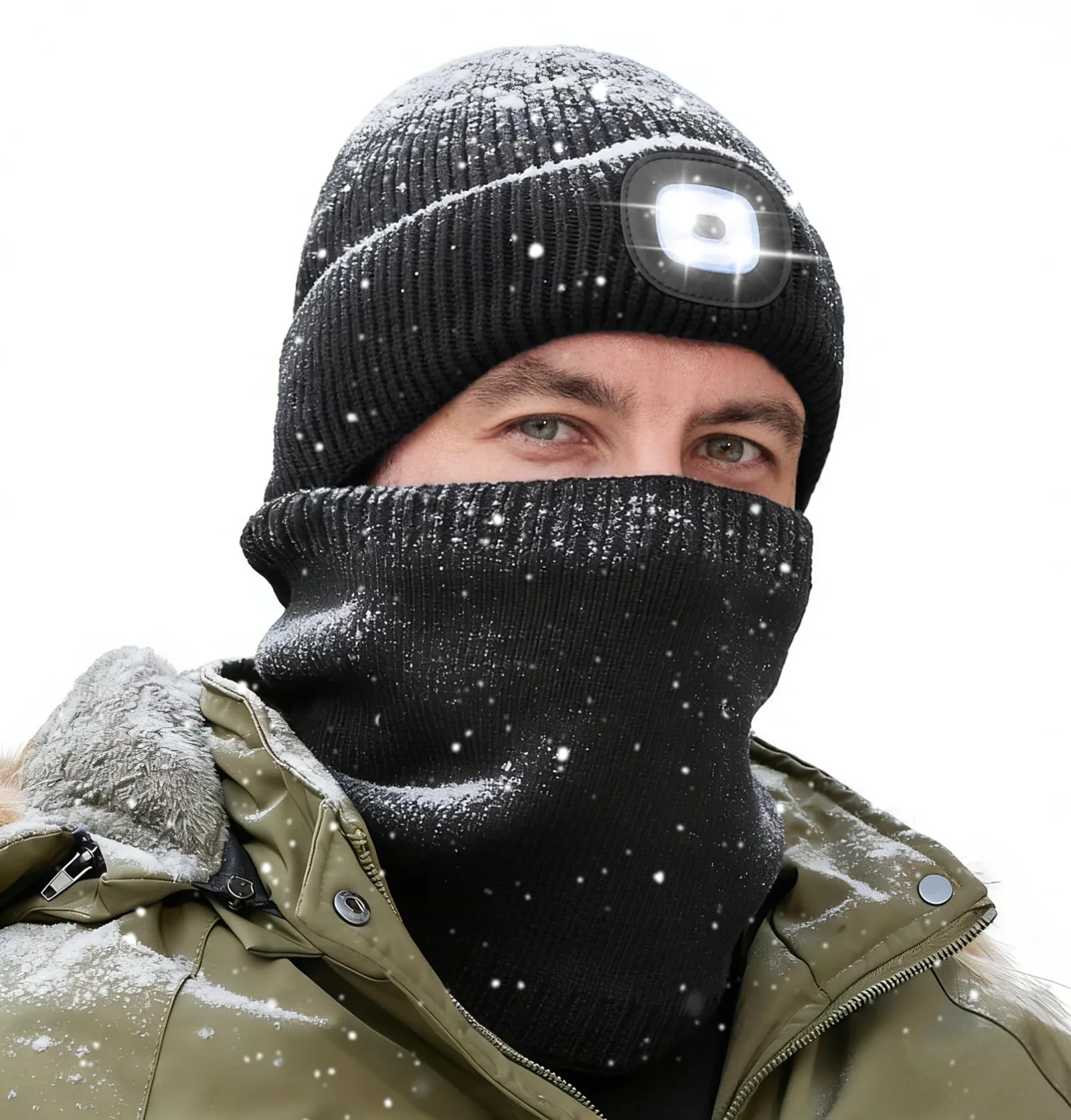 A MELASA fleece-lined LED beanie with the light switched on