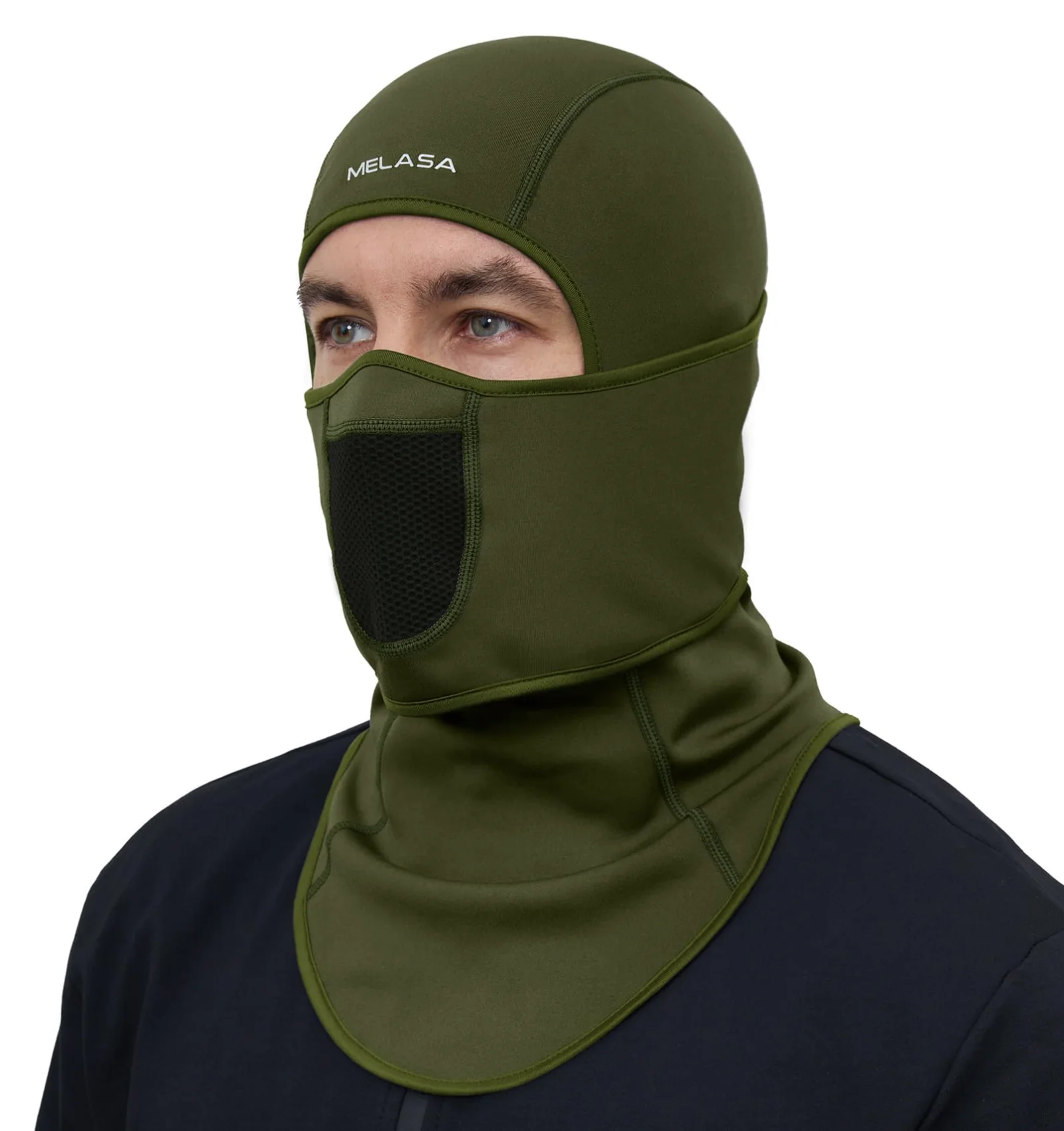 A green MELASA thermal fleece balaclava with a mesh panel over the mouth